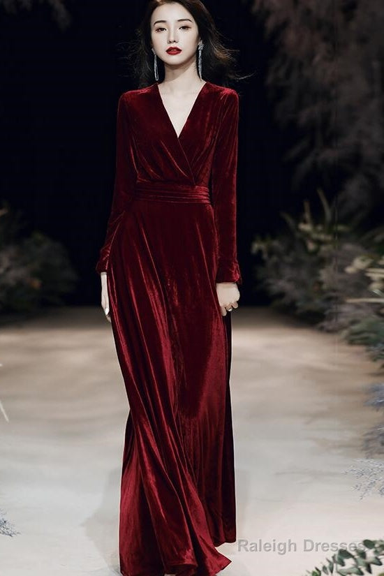 Charming Velvet V-Neckline Simple Long Bridesmaid Dresses Long Sleeves A-Line Prom Dresses