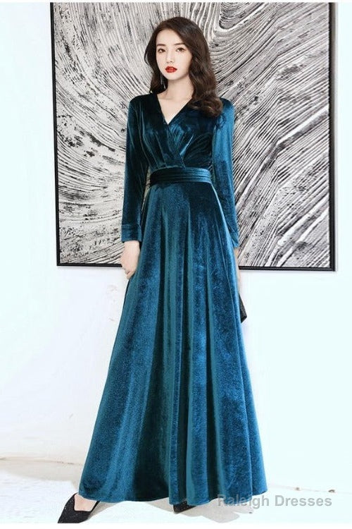 Charming Velvet V-Neckline Simple Long Bridesmaid Dress, Long Sleeves A-Line Party Dress