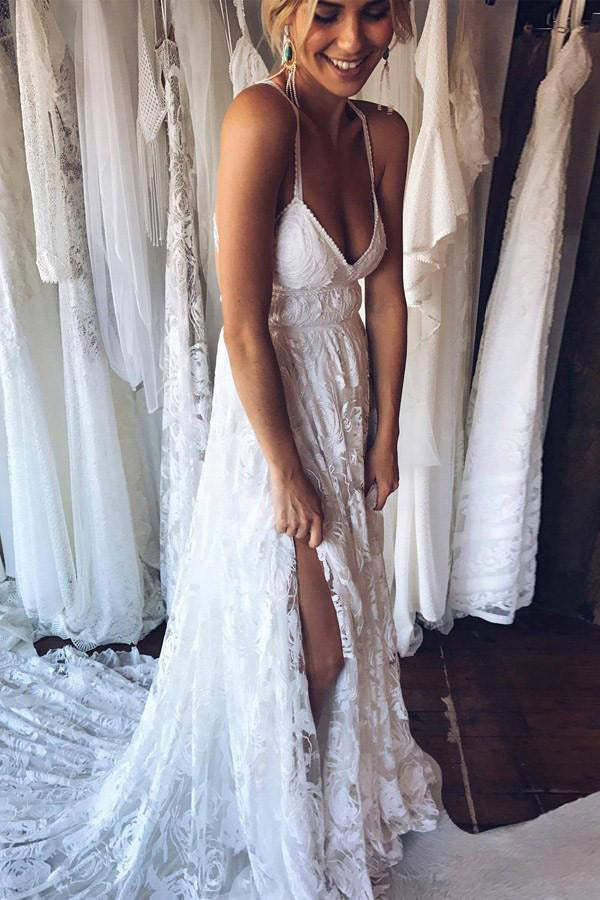 Charming Ivory Lace Floor Length V Neck Long Wedding Dress On Line Secondary image