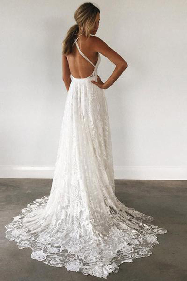 Charming Ivory Lace Floor Length V Neck Long Wedding Dress On Line