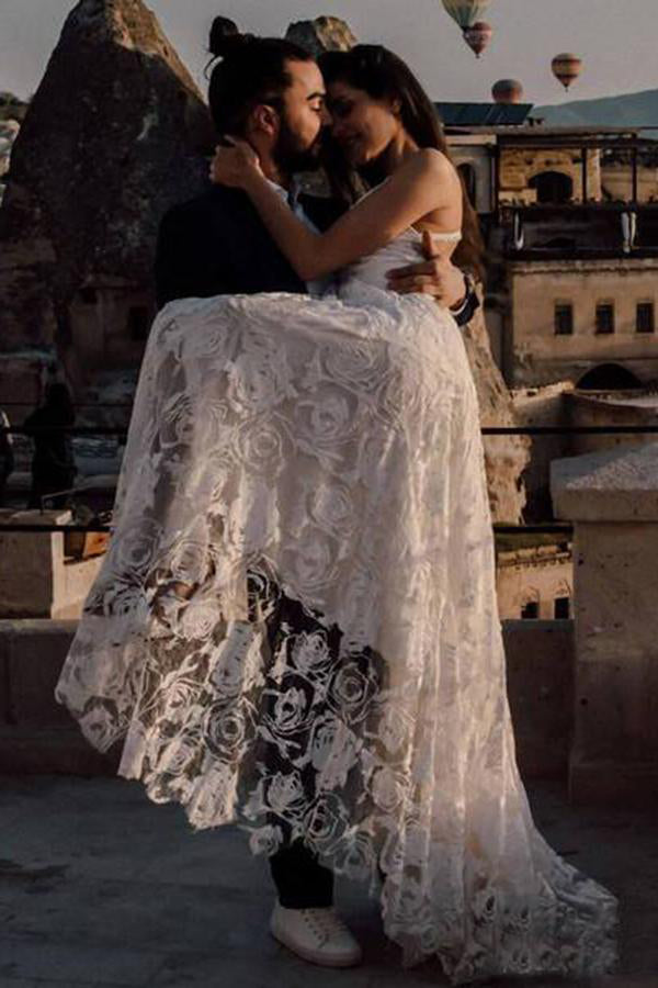 Charming Ivory Lace Floor Length V Neck Long Wedding Dress On Line