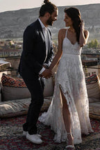 Charming Ivory Lace Floor Length V Neck Long Wedding Dress On Line