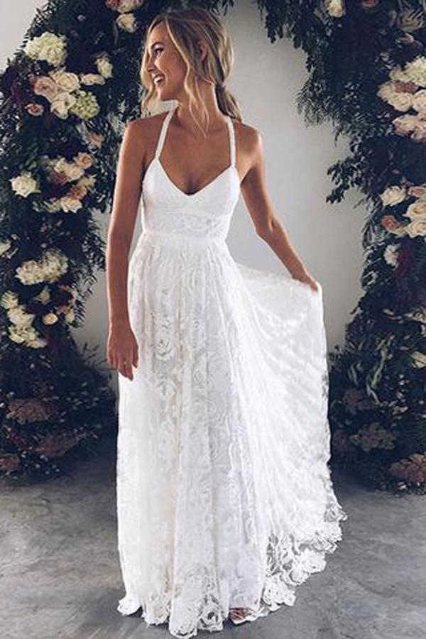 Charming Ivory Lace Floor Length V Neck Long Wedding Dress On Line