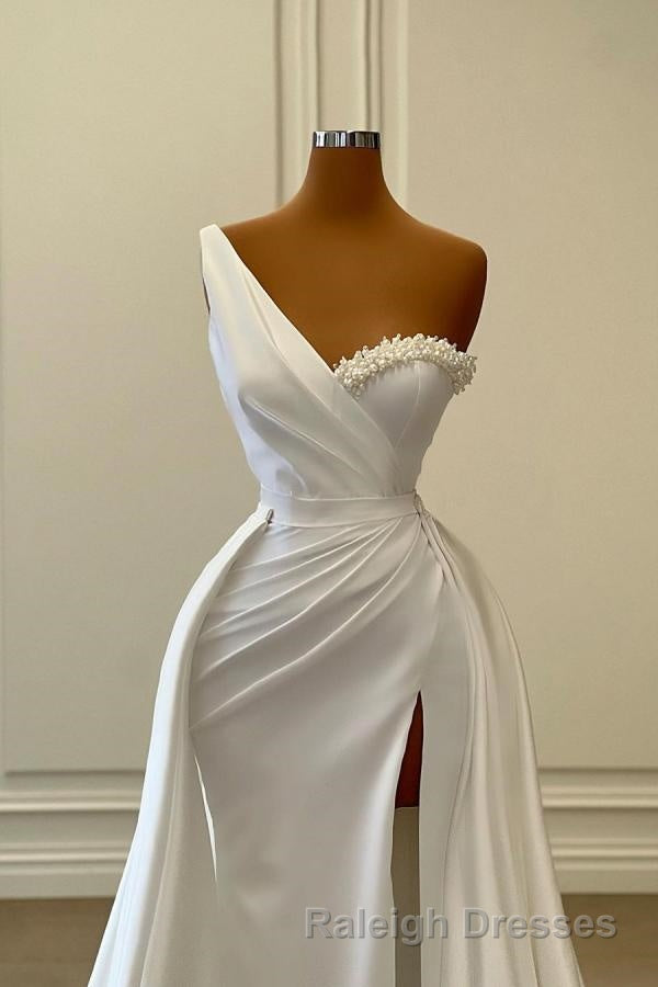 Charming White Long Mermaid One Shoulder Satin Beading Prom Dress Secondary image