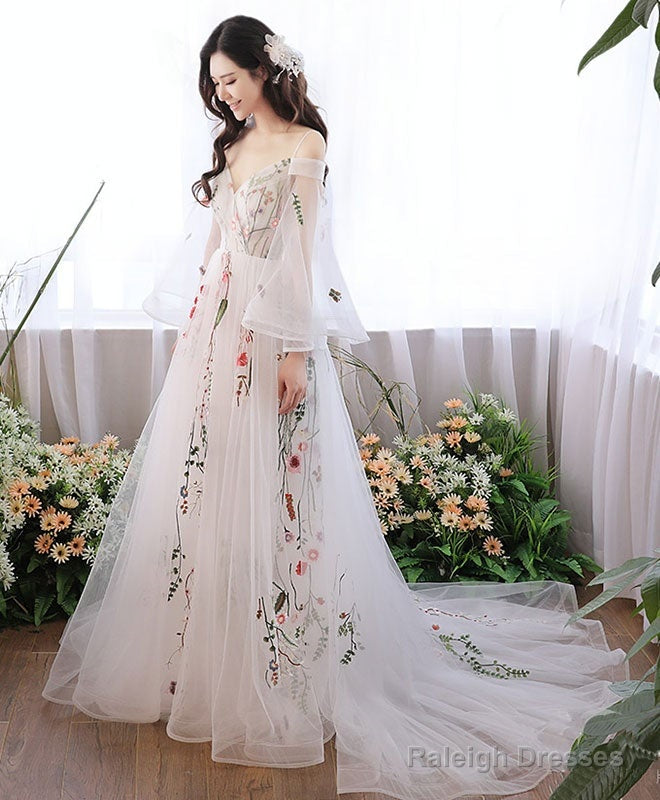 Charming White Tulle With Lace Off Shoulder Wedding Party Dresses, White Formal Dresses Secondary image