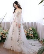 Charming White Tulle With Lace Off Shoulder Wedding Prom Dress White Prom Dress