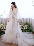 Charming White Tulle With Lace Off Shoulder Wedding Prom Dress White Prom Dress