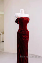 Charming Wine Red Mermaid Off Shoulder Velvet Formal Dress, Wine Red Long Prom Dress