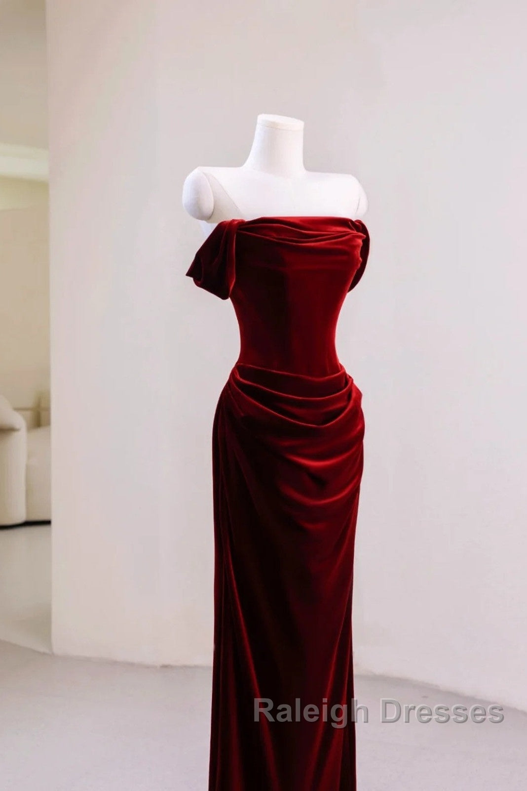 Charming Wine Red Mermaid Off Shoulder Velvet Formal Dress, Wine Red Long Prom Dress