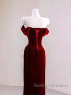 Charming Wine Red Mermaid Off Shoulder Velvet Prom Dresses Wine Red Long Prom Dresses