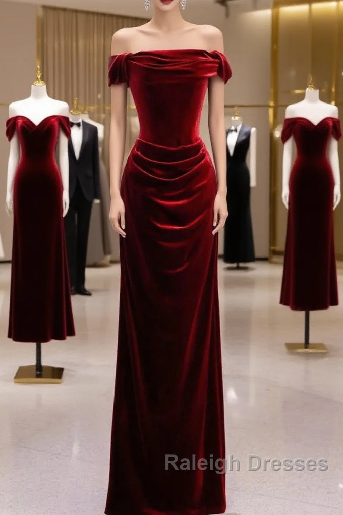 Charming Wine Red Mermaid Off Shoulder Velvet Formal Dress, Wine Red Long Prom Dress Main image