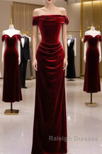Charming Wine Red Mermaid Off Shoulder Velvet Prom Dresses Wine Red Long Prom Dresses