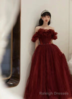 Charming Wine Red Off Shoulder Tulle Beaded Party Dress, Wine Red Prom Dress