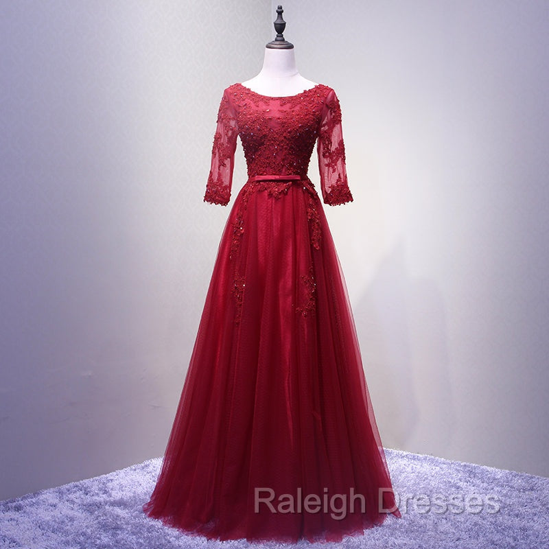 Charming Wine Red Short Sleeves Lace Applique Wedding Prom Dress, Formal Gowns