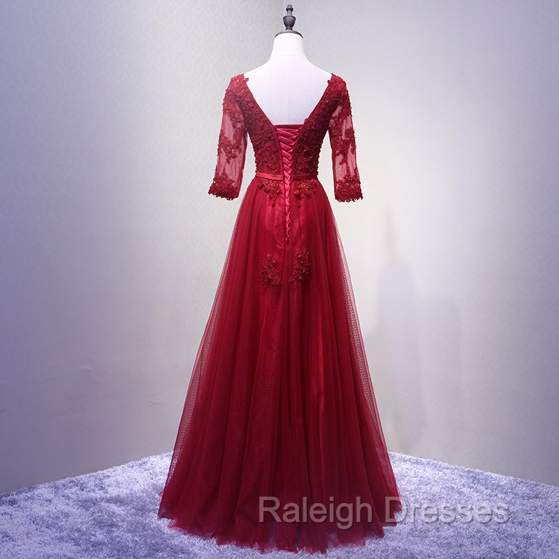Charming Wine Red Short Sleeves Lace Applique Wedding Party Dress, Formal Gown