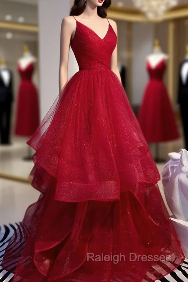 Charming Wine Red Straps Sweetehart Layers Tulle Prom Dress, Long Prom Dress