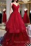 Charming Wine Red Straps Sweetehart Layers Tulle Prom Dress, Long Prom Dress