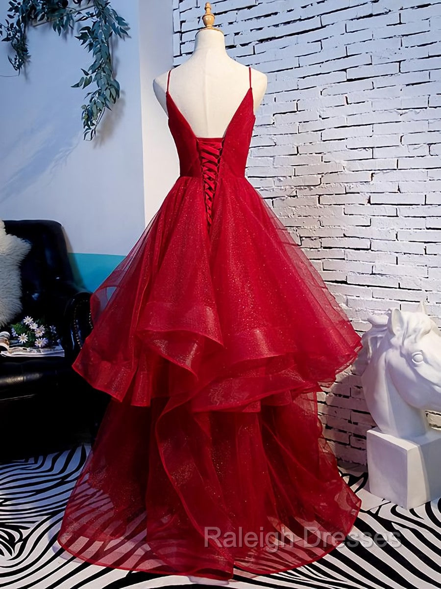 Charming Wine Red Straps Sweetehart Layers Tulle Prom Dress, Long Prom Dress