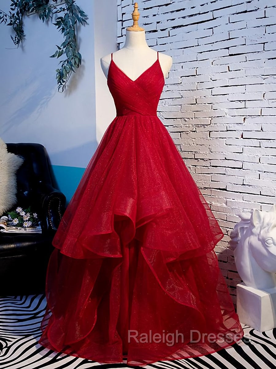 Charming Wine Red Straps Sweetehart Layers Tulle Prom Dress, Long Prom Dress Main image