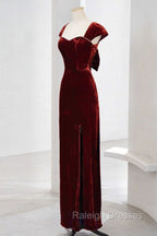 Charming Wine Red Velvet Cap Sleeves Long Party Dress, Wedding Party Dresses