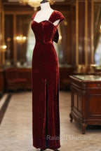 Charming Wine Red Velvet Cap Sleeves Long Party Dress, Wedding Party Dresses
