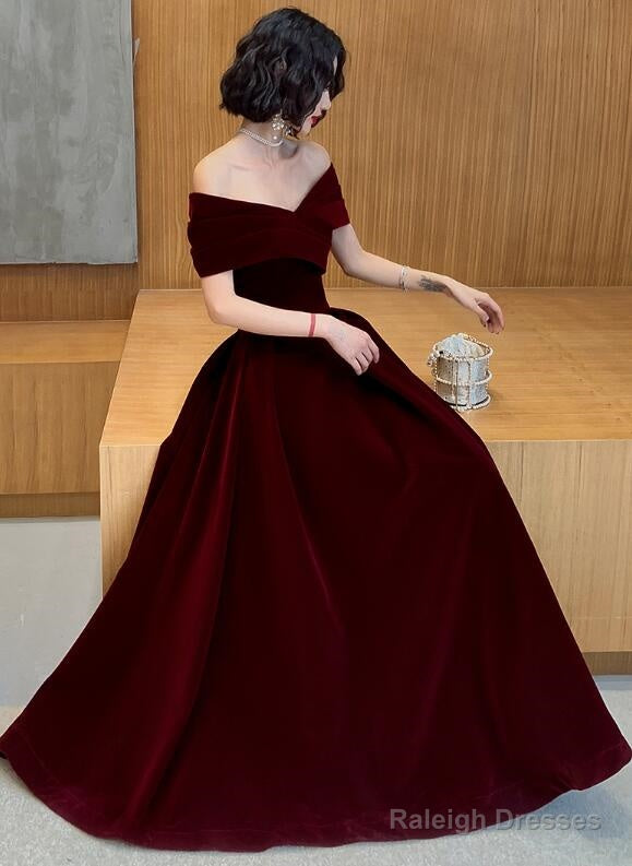 Charming Wine Red Velvet Off Shoulder Long Party Dress, A-Line Prom Dress Secondary image