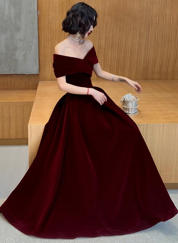 Charming Wine Red Velvet Off Shoulder Long Prom Dresses A-Line Prom Dresses Secondary image