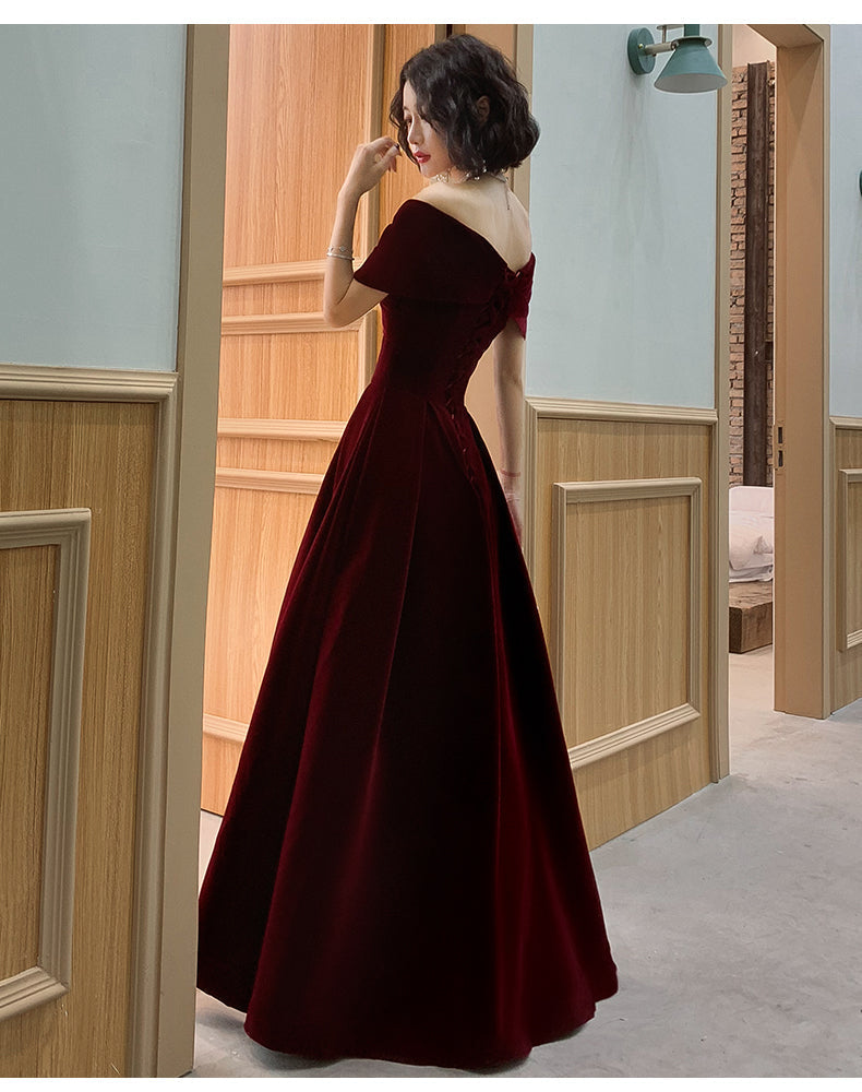 Charming Wine Red Velvet Off Shoulder Long Prom Dresses A-Line Prom Dresses