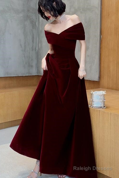 Charming Wine Red Velvet Off Shoulder Long Party Dress, A-Line Prom Dress Main image