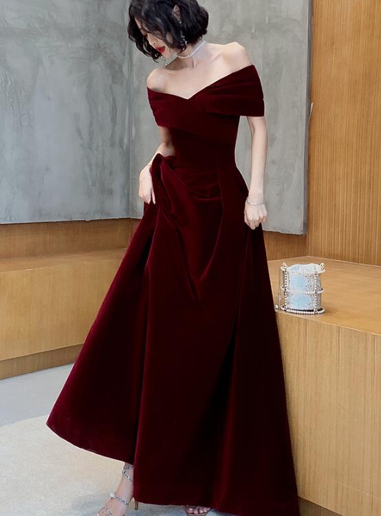 Charming Wine Red Velvet Off Shoulder Long Prom Dresses A-Line Prom Dresses Main image