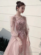 Charminig Pink Tulle Long Sleeves Round Neckline Prom Dress A-Line Pink Prom Dresses With Lace
