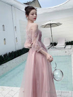 Charminig Pink Tulle Long Sleeves Round Neckline Prom Dress A-Line Pink Prom Dresses With Lace