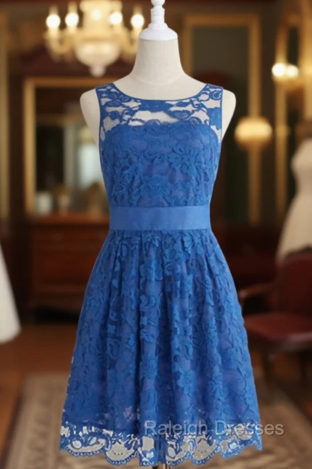 Cheap bridesmaid dresses,Bridesmaid Dress, Simple Royal Blue Scoop Lace Short Knee Length Main image