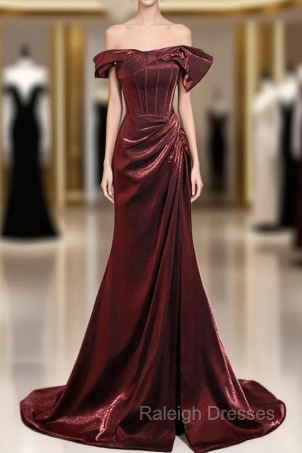 Cheap Burgundy mermaid Off the Shoulder Pleats Prom Dress