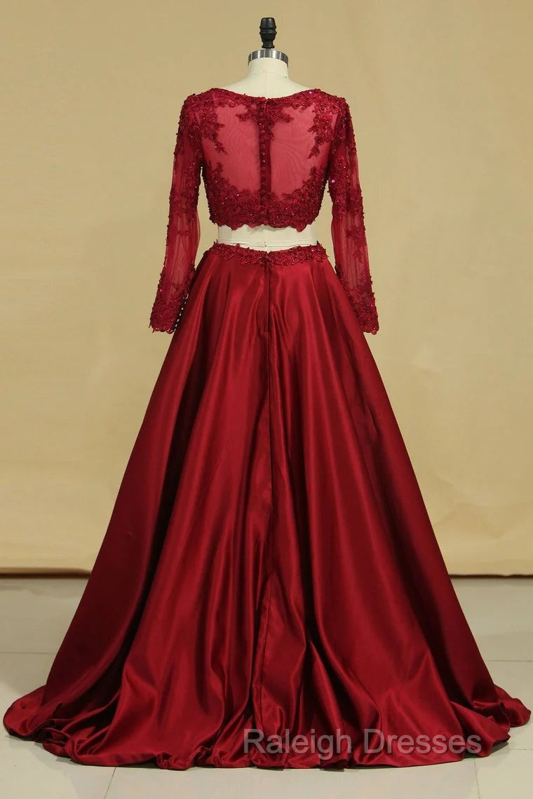 Cheap Burgundy Two-Piece Prom Dresses A Line Satin Lace Applique