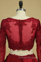 Cheap Burgundy Two-Piece Prom Dresses A Line Satin Lace Applique