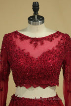 Cheap Burgundy Two-Piece Prom Dress A-Line Satin Lace Applique