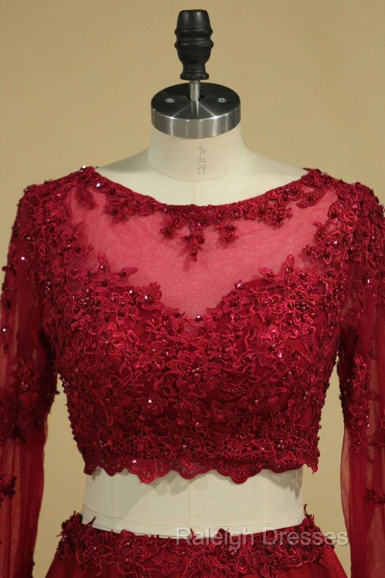 Cheap Burgundy Two-Piece Prom Dress A-Line Satin Lace Applique