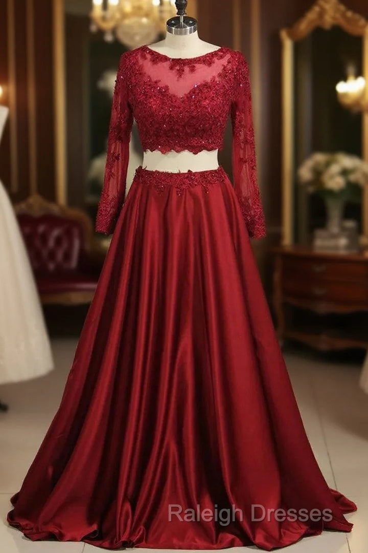 Cheap Burgundy Two-Piece Prom Dresses A Line Satin Lace Applique Main image