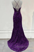 Cheap Dark Purple Prom Dress Sequin Mermaid Formal Evening Dress Split