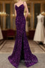 Cheap Dark Purple Prom Dress Sequin Mermaid Formal Evening Dress Split