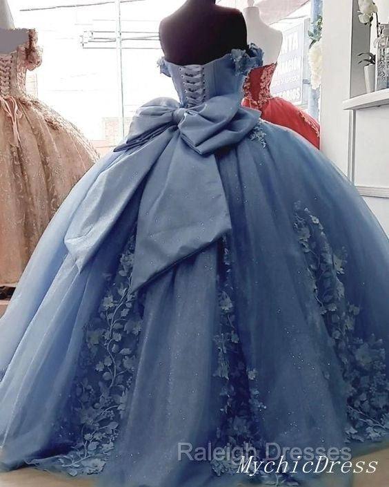 Cheap Dusty Blue Quinceanera Dress Floral Sweet 16 Princess Dress