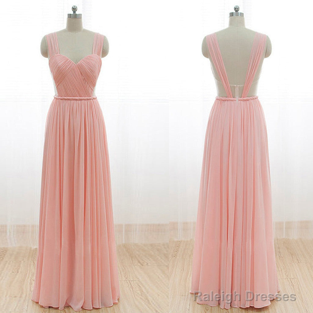 Cheap Junior Long Chiffon Pink Off Shoulder Sweet Heart Open Back Bridesmaid Dresses, Main image