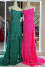 Cheap Long Sequins Prom Dress Hot Pink Evening Dress With Feathers