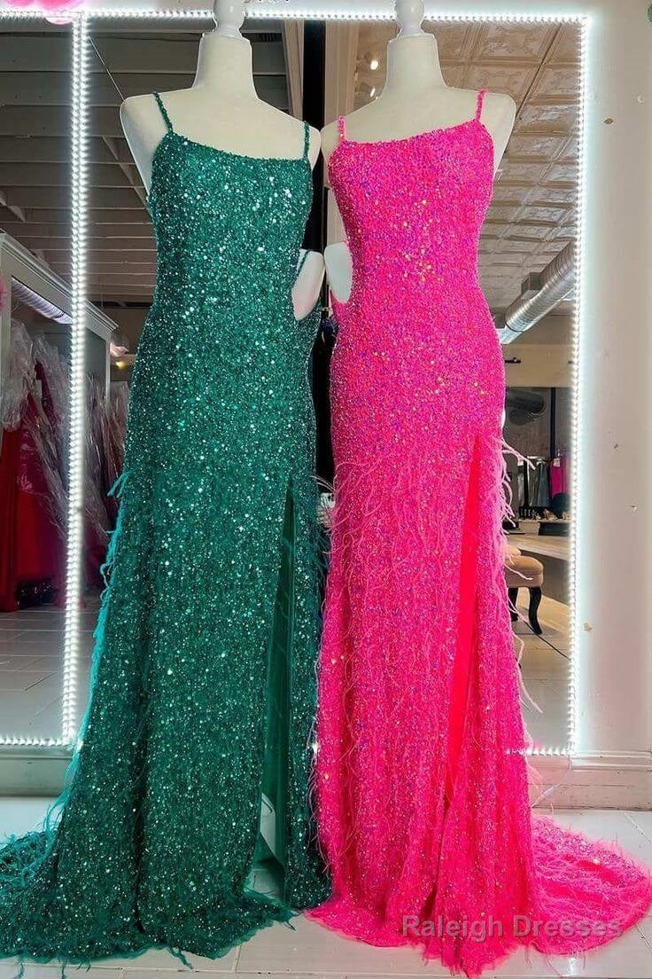 Cheap Long Sequins Prom Dress Hot Pink Evening Dress With Feathers