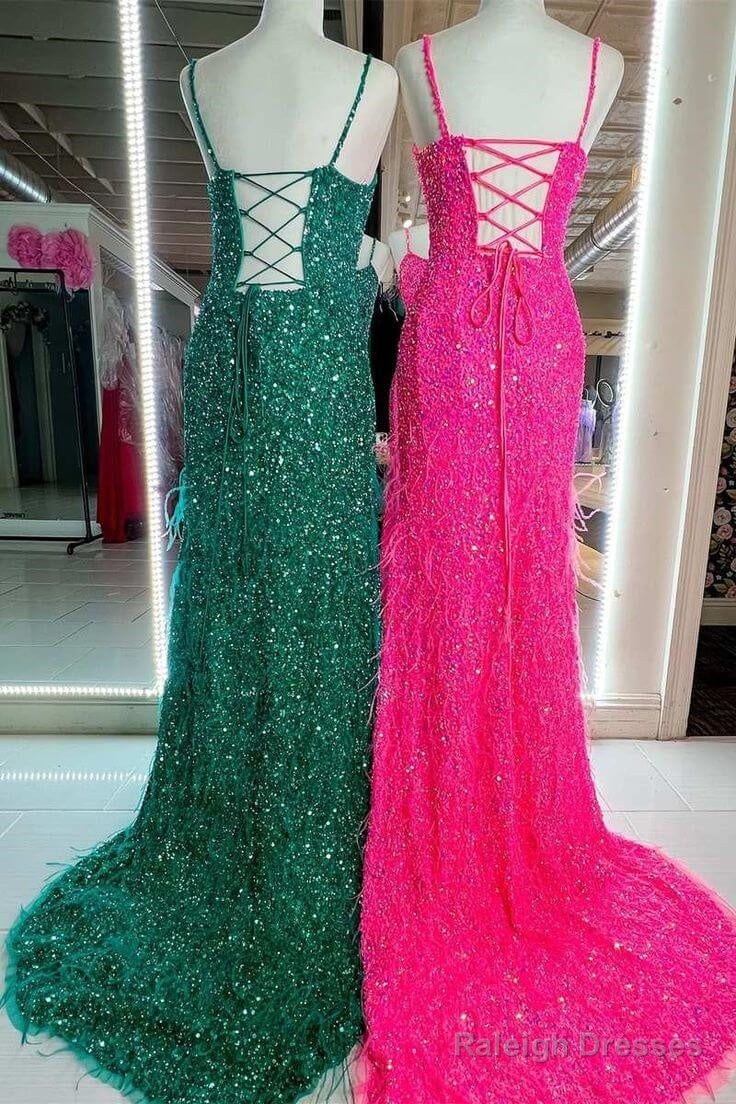 Cheap Long Sequins Prom Dress Hot Pink Evening Dress With Feathers