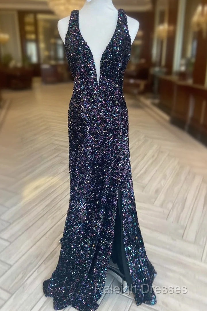 Cheap Meremaid Iridescent Sequin Prom Dress Cheap V Neck Long Formal Dress Main image