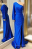 Cheap Mermaid One Shoulder Prom Dress Royal Blue Long Sleeve Prom Dresses