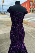 Cheap Off The Shoulder Sequins Prom Dress Purple Long Evening Dress