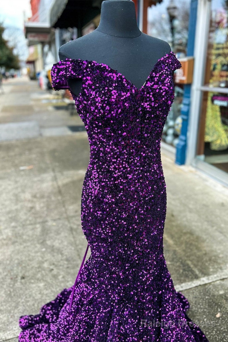 Cheap Off The Shoulder Sequins Prom Dress Purple Long Evening Dress